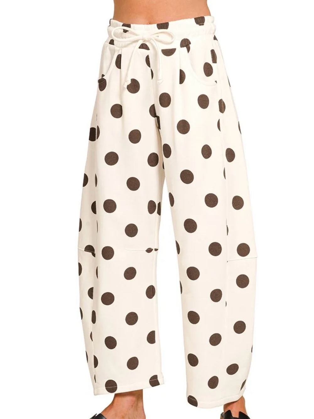 Zenana Viral Polka Dot Wide-Leg Drawstring SweatPants - Cream with Brown Dots